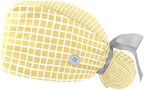 Работна Шапка в жълто клетка с пуговицей и тренировъчната панделка, 2 Опаковки Хирургически шапки за еднократна