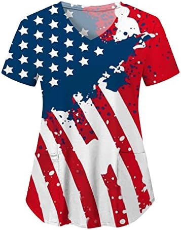 На 4 Юли Блуза за Жени с Флага на САЩ Летни Ризи с Къс Ръкав V Образно Деколте с 2 Джобове Блузи Празнична Ежедневни