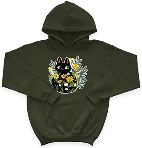 Детска hoody с качулка от порести руно Котка - Черна hoody с качулка с цветя за деца - Графична hoody с качулка
